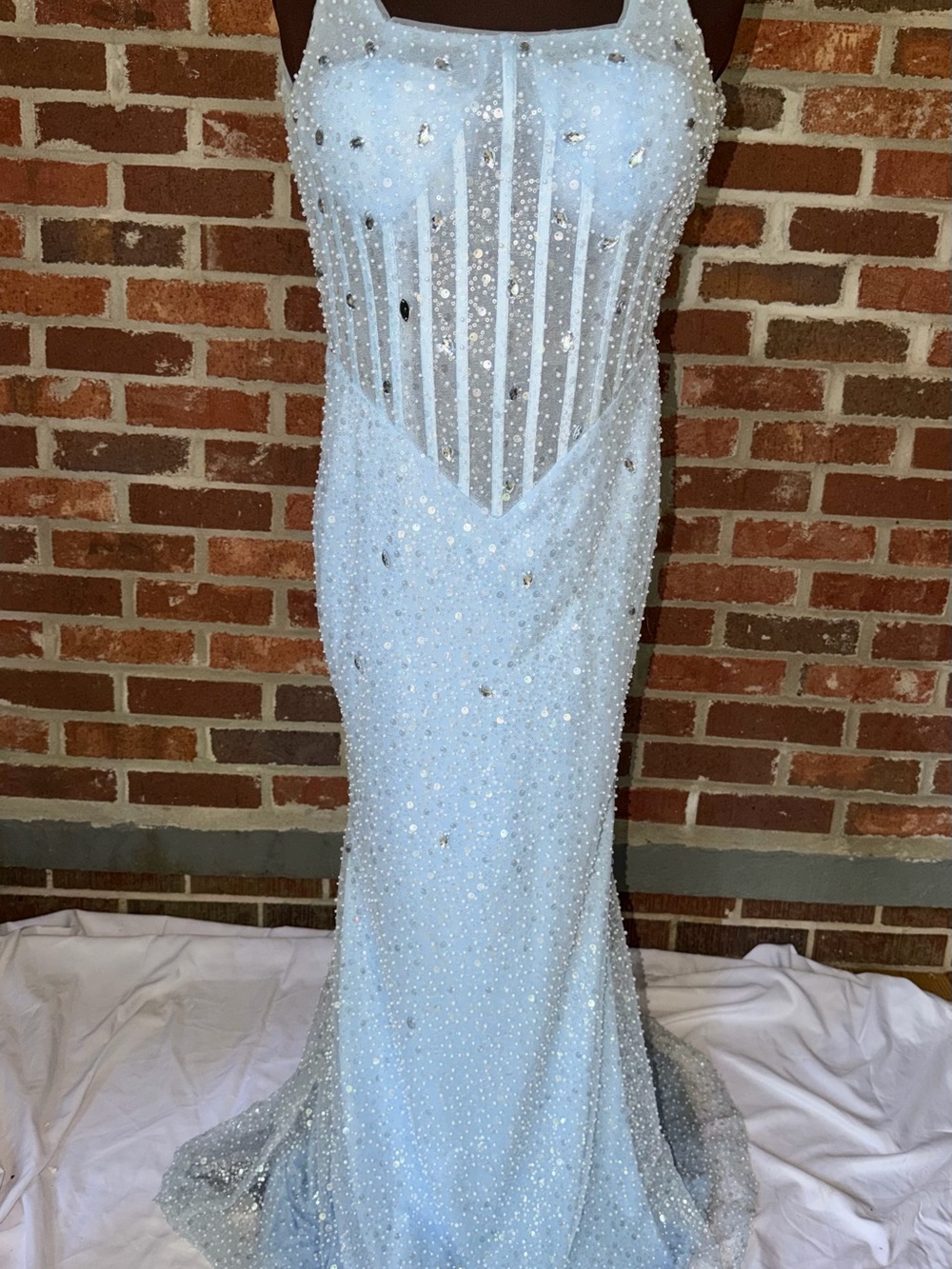 Beaded Light Blue Illusion Prom Gown